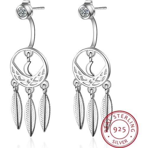 Fashion 925 Sterling Silver Moon Dream Catcher Stud Earrings for Women Vintage Sterling Silver Feather Tassels Jewelry