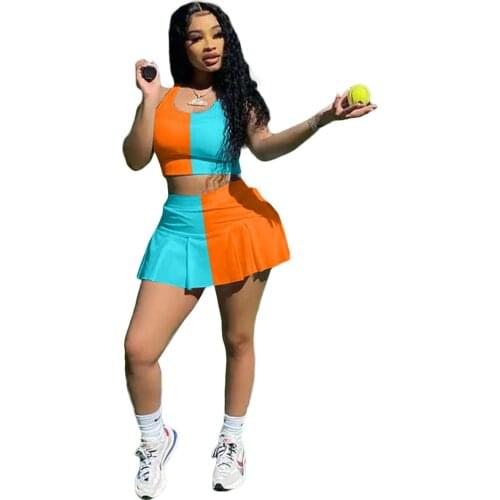 2021 Womens Patchwork Casual Sports 2 Piece Outfits Skirt Sets Athletic Tank Crop Top Tennis Golf Skorts Skirts Activewear