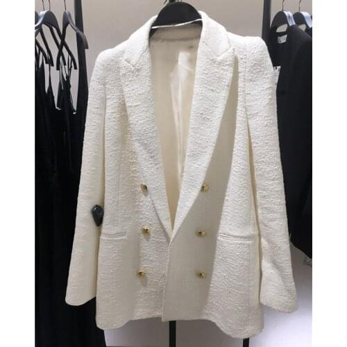 2021 Spring Autumn Women Fashion White Pink Tweed Blazers And Jackets Chic Button Office Suit Coat Ladies Elegant Outwear