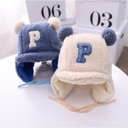 Winter Baby Boys Letter P Lamb Velvet Earflap Hat Double Pompom Cap For Kids Toddler Bonnet