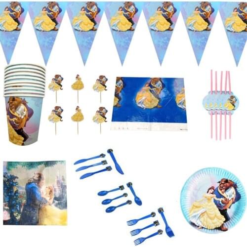 115pcs/lot Beauty Beast Banner Cups Cake Toppers Birthday Party Tablecloth Straws Favorite Napkins Spoons Forks Knife Plates