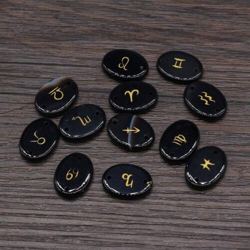 12pc/set Natural Stone Black Agates Engraved Symbols Beads Oval High Quality Reiki Heal Divination Rune Bead for Women