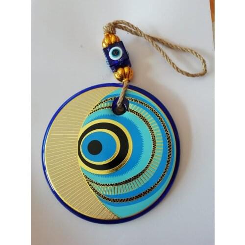 Big Size-14 cm Diameter- Golden Gilted and Colored Patterned Glass Blue Evil Eye Wall Hanging Ornament – Turkish Nazar Bead - Ho