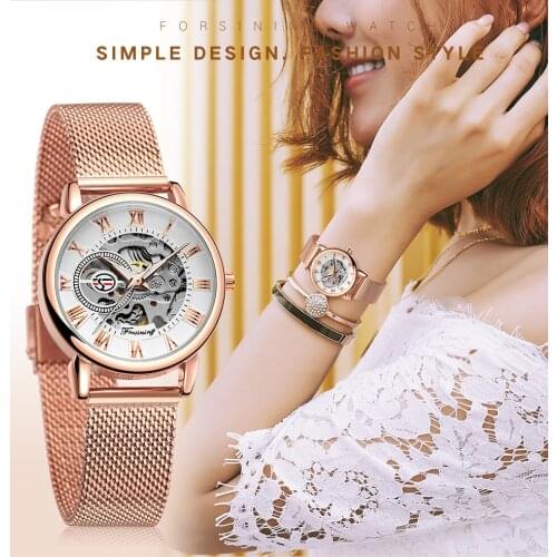 Forsining Women Watches Fashion Rose Gold Hollow Mesh Belt Small Ladies Manual Mechanical Watch One Drop Shipping Reloj Hombre