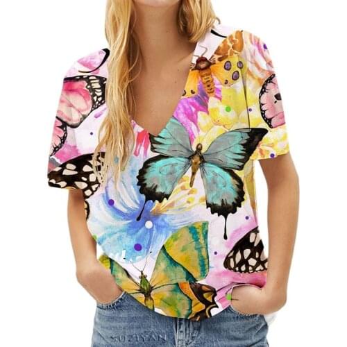 Butterfly Printed 3D Color T-shirt Summer Womens Clothes Casual Women Harajuku Short SleeveTshirts Femme V-neck Street Tops