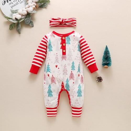 Christmas Inafnt Newborn Baby Girls Boys Christmas Romper Long-Sleeved Jumpsuit Fall Tree Stripes Loose Clothes +Hat / Headband