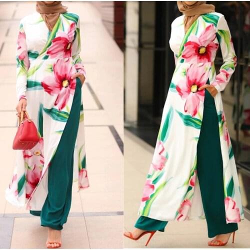 2 Piece Muslim Abaya Set Fashion Long Sleeve Print Chiffon Women Party Slip Maxi Dress + Trousers Outfit Set Eid Mubarak Clothes