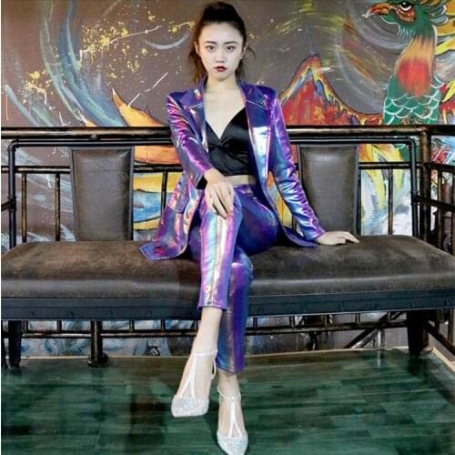 Purple Colorful Sexy Lady suit Stripe Jacket Pants Suit Celebration Stage Host Suit Singer Concert Costume music festival cloth