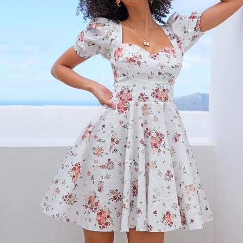 WYWMY Sexy Square Collar White Printing Mini Dress Woman Puff Sleeve High Waist Party Holiday A-Line Dress 2021 Summer Vestidos