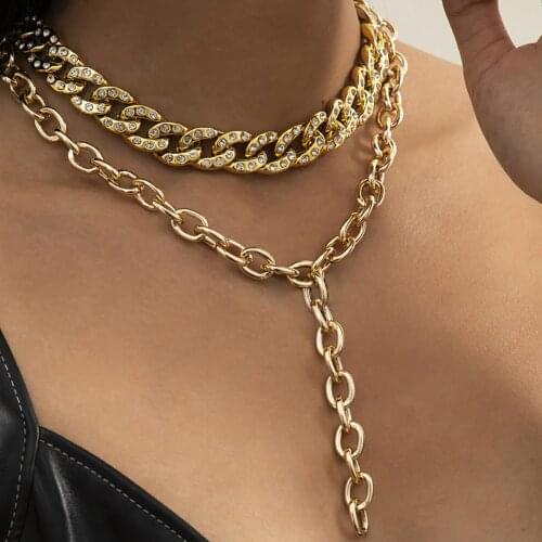 Multilayer Cuban Shiny Rhinestone Necklace Womens Golden Punk Retro Y-Shaped Crystal Clavicle Necklaces Girl Party Jewelry