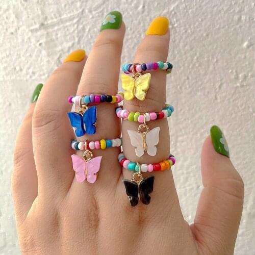 Y2k Fashion Colorful Handmade Beads Rings Resin Acrylic Butterfly Beaded Adjustable Rings For Women Girls New Sweet Jewelry Gift