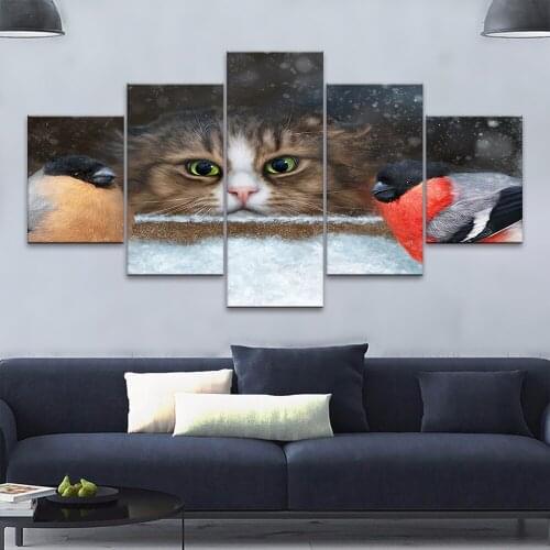 Canvas Printed Wall Art Cat Poster Painting Pet Home Decoration Modular Animal 5 Panel Framework For Living Room