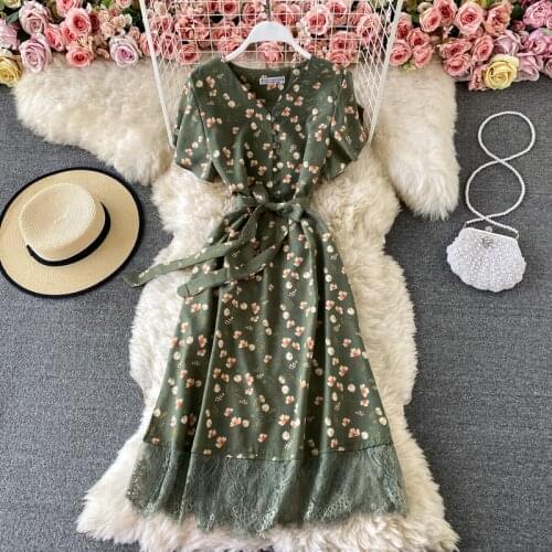 2021new fashion Elegant V Neck Floral Print Chiffon Dress Summer Short sleeve Bandage Slim Lace Stitching Women Dress