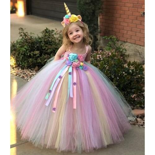 Girls Pastel Unicorn Flower Tutu Dress Kids Crochet Tulle Strap Dress Ball Gown with Daisy Ribbons Children Party Costume Dress