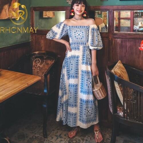 Women Retro Print Dress Slash Neck Puff Sleeve Casual A-line Dress Summer Elastic Ruched Streetwear Midi Long Dress