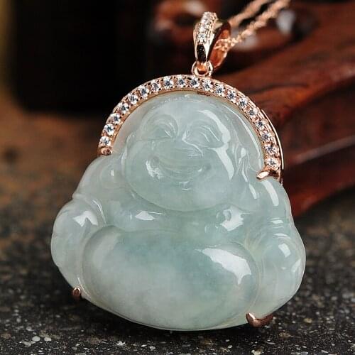 925 silver inlaid natural pale green ice-moisturizing emerald Laughing Buddha pendant female jade Buddha hanging parts