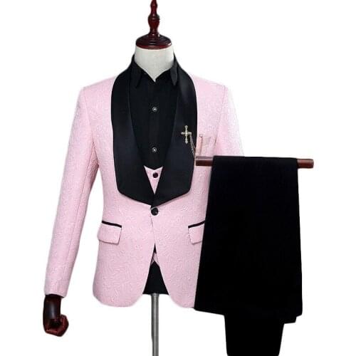 Pink Suit Men 2018 Slim Fit Shawl Collar Costume Homme Mariage 2018 Jacquard 3 Piece Prom Tuxedo Suits Anzug Herren