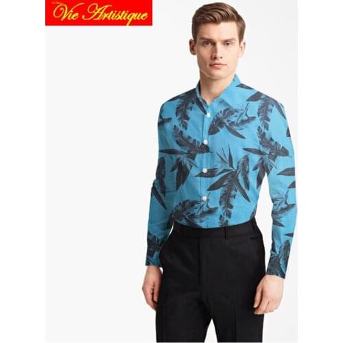 Custom tailor made Mens bespoke cotton floral shirts business formal wedding ware blouse blue print grey leaves flower fashion
