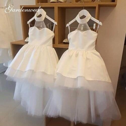 Gardenwed Ivory Tulle Lace Princess Prom Dress Satin Scoop Halter Flower Girls Dress ALine Mermaid Wedding Dress,Celebrity Dress