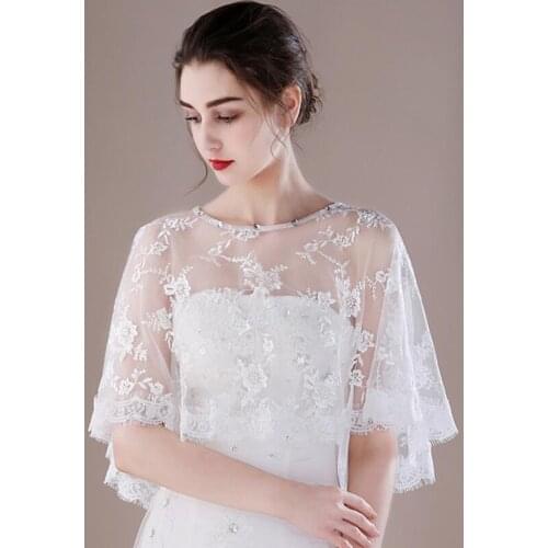 Wedding Cape Lace Bridal Jackets Elegant Shawl White Ivory Shrugs For Bride Beaded Neck Bride Wrap