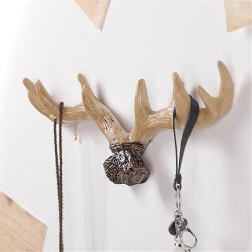 Creative Resin Antler Key Hook Holder Wall Mounted Cap Coat Hanger Rack Home Decorative Animal Deer Horn Wall Hook For Hanging