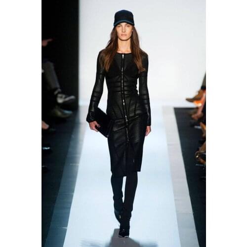 High Quality Womens HL Black Long Sleeve Foil-Print Front zipper Bandage Dress Cocktail Party Dress