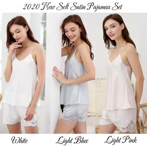 Owiter 2020 Women Silk Satin Pajamas Set Sleeveless Tops Lady Sleepwear Nightwear New Lace Pajamas for Women