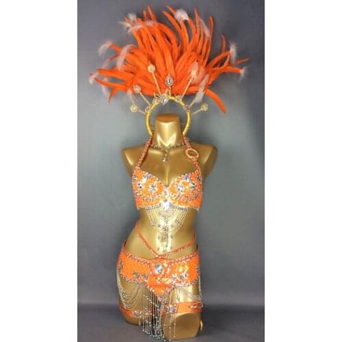 Free shipping hot selling Sexy Samba Rio Carnival Costume new belly dance costume with orange Feather Head piece