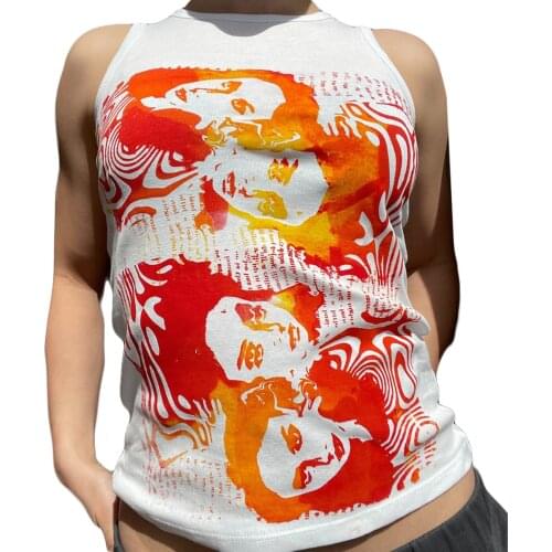2021 New Fashion Women Girl Faces Print Vest Top Casual Slim Fit Sleeveless Round Collar Pullover Tank Top for Summer Tanks Tee