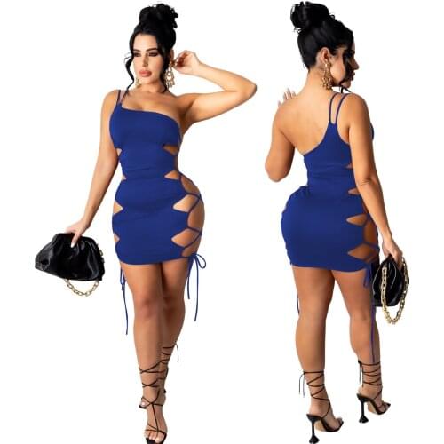 Elegant One Shoulder Sling Solid Mini Women Summer Dress 2021 Sexy Hollow Out Lace Up Bandage Bodycon Club Party Dress Robes