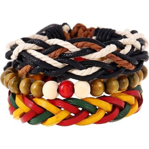 1 Set Wood Stone Beads Leather Bracelet Mens Fashion Bracelet Braid Twist Cord Rope Pull-Closure Hiphop Rock Women Jewelry