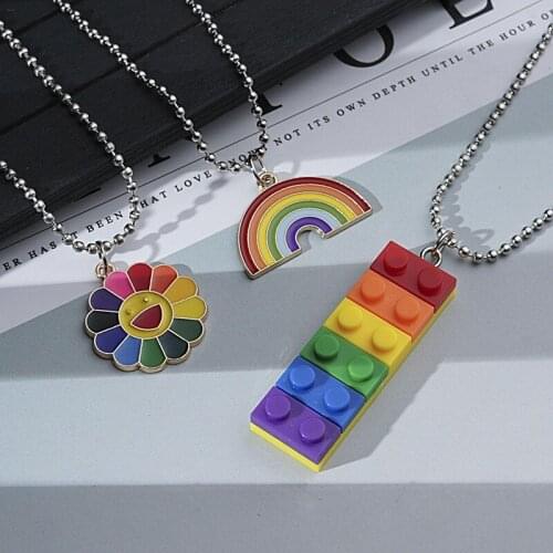 2019 New Fashion Rainbow Necklace Colorful Petal Smiley Building Block Sunflower Pendant Chain Necklace Women Jewelry Charm Gift