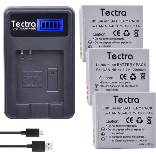 Tectra 3Pcs NB-4L NB4L Bateria + LCD USB Charger for Canon PowerShot SD40 SD30 SD200 SD300 SD400 SD450 SD600 SD1400 ELPH 300 HS