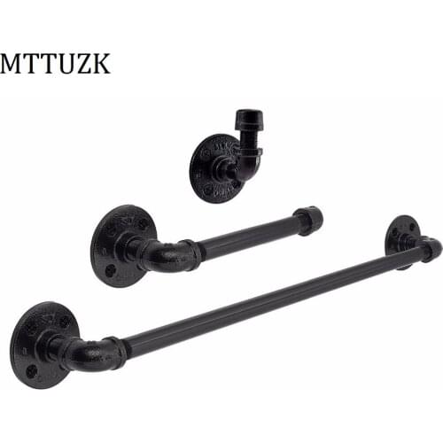 3piece/set 304 Black Vintage Cast Iron Towel Bar Robe hook Paper Holder Wall Mounted DIY Industrial Wind Bath Hardware Set