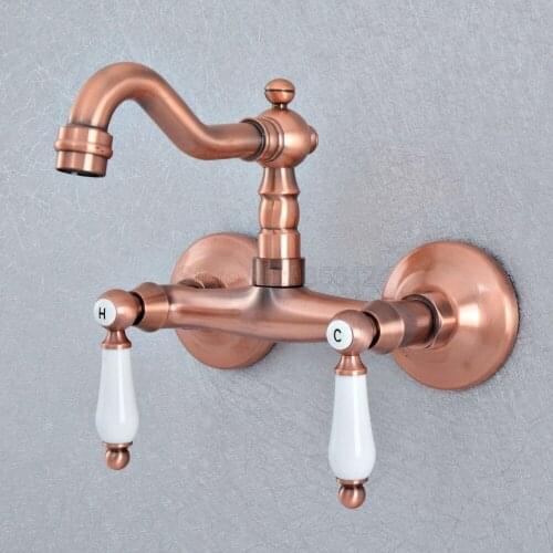 Antique Red Copper Wall Mounted Kitchen Sink Vessel Faucet Dual Ceramic Lever Swivel Spout Bathroom Basin Taps tsf899