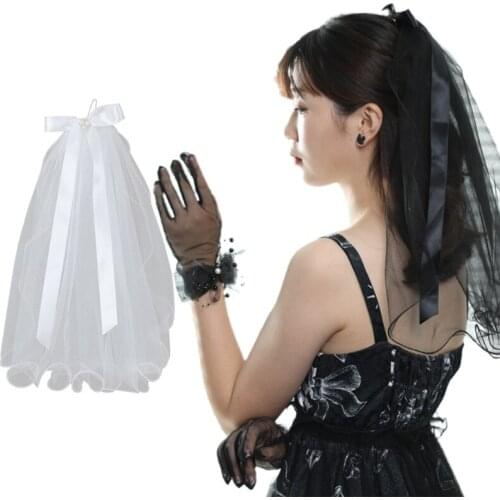 Bridal Veil with Comb Wedding Hair Accessories for Bride 1 Tier Sheer Tulle Bow Embellished Photo Props White/Black