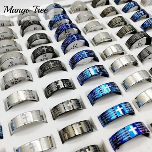 50Pcs/Lot Stainless Steel Cross Rings Biblical Scripture Religious Band 4 Colors Mix Style Trends Women and Man Faith Jewellery