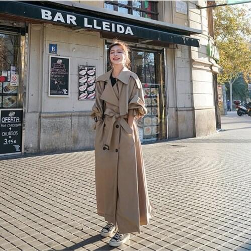 Korean Loose Oversized X-Long Womens Trench Coat Double-Breasted Belted Ladies Cloak Windbreaker Outwear 2021Spring Fall Coats