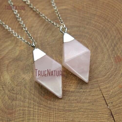 Beautiful Rose Quartzs Pendant Necklace Silver Finish Simple Chain Rhombus Shape Charm Necklace In 18 inch NM10615