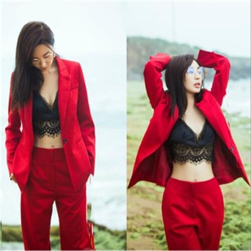 Red Women Business Two Piece Suits Slim Ladies Formal Pant Suit Office Uniform Design Wide leg pants women suits office sets