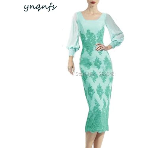 YNQNFS M144 Square Neck Long Sleeves Sheath Tea Length Turquoise Mother of Bride Lace Dresses Party Gown 2019