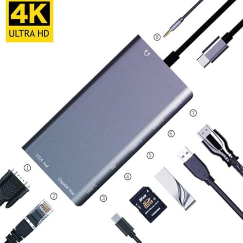 Maikou 8 in 1 TYPE-C HUB Type-c to HDMI + VGA + 2 port USB3.0 + SD card + Gigabit Ethernet port + PD docking station