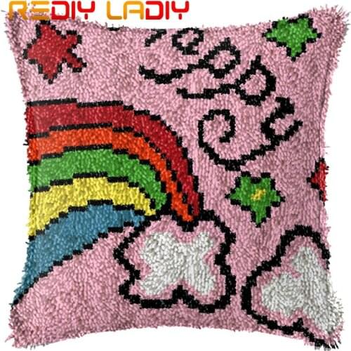 Latch Hook Kit Make Your Own Cushion Happy Rainbow Printed Canvas Crocheting Pillow Case Latch Hook Cushion Cover Hobby & Crafts