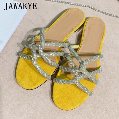 New Crystal Women Flat Slippers Candy Color Open Toe Beach Shoes Suede Insole Real Leather Summer Slides Sweet Holiday Shoes