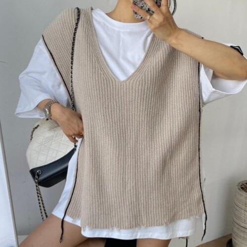 Korean Chic Early Autumn Simple Retro Loose Lazy Style Irregular Torn Edge V-Neck Sweater Vest Sweater Women