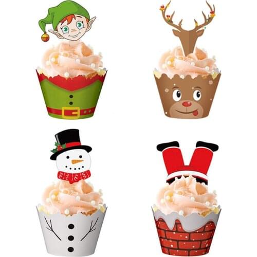 24pcs/set Christmas Paper Cupcake Wrapper Santa Claus Cake Topper Merry Christmas Xmas New Year Birthday Party Cake Decorations