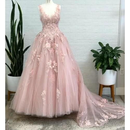 VKBRIDAL A-Line Long Pink Prom Dresses with Flower Sweep Train Open Back Formal Evening Homecoming Party Gowns