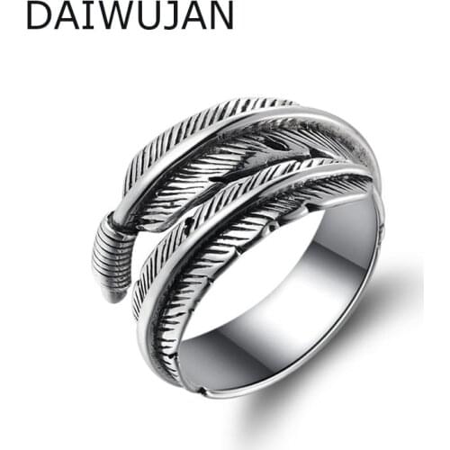 DAIWUJAN Retro High-quality 925 Sterling Silver Jewelry Personality Thai Silver Feather Open Rings For Women Men Not Allergic