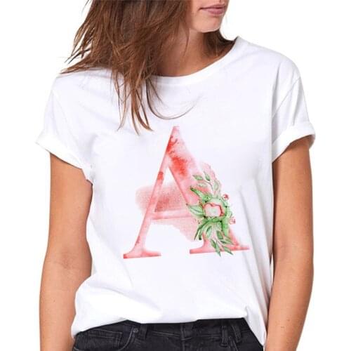 Summer Ladies T-shirt 26 Alphabet Flowers Print women Tshirts Harajuku Casual White Female Tops Tees Casual tshirt women 2021