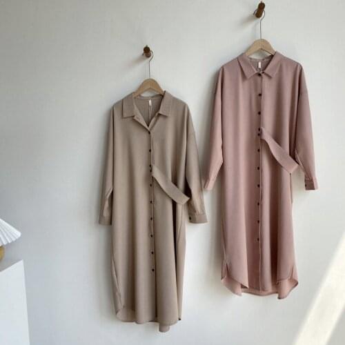 2020 New Spring Sleeve Pink Maxi Belt Design Turn Down Collar Women Loose Long Dress Vestidos